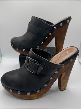 Aldo Black Leather Platform Clogs Studded Wood Block Heel Y2K Boho Retro 9.5
